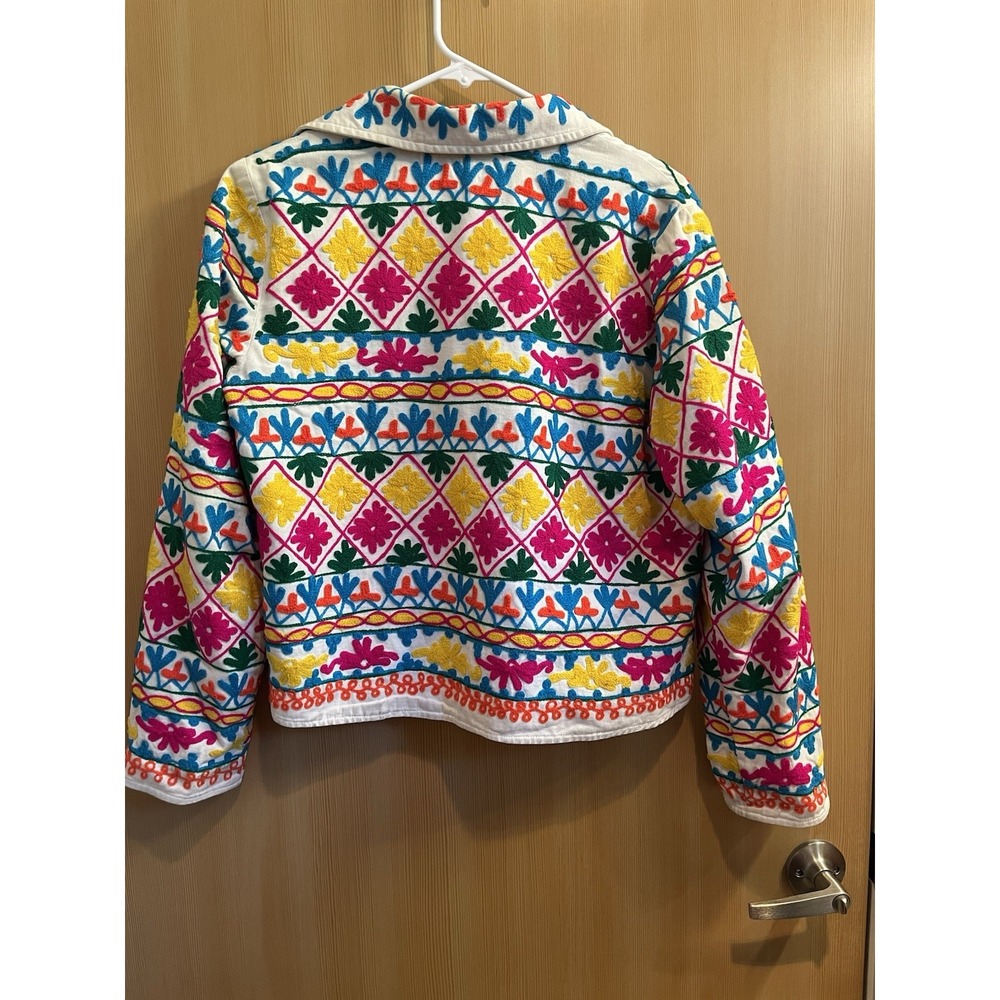 Anu Embroidered Cotton Jacket Womens Small White Multi Floral Boho Open Front - Picture 2 of 12